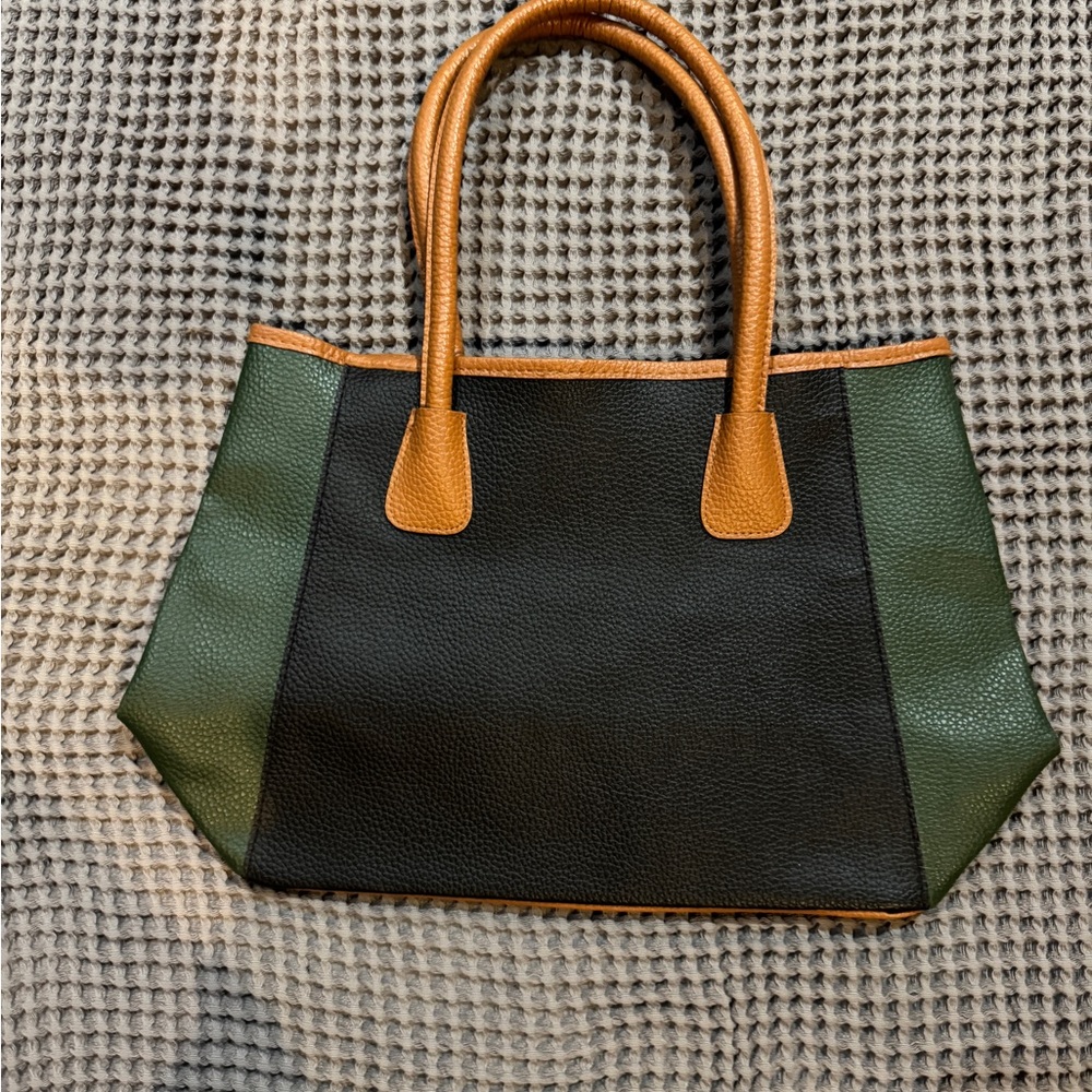 Neiman Marcus Black and Green Leather Tote with Tan Trim